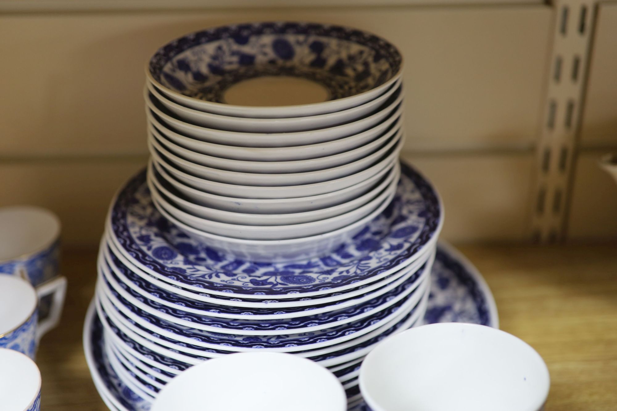 A group of Royal Crown Derby Wilmot blue and white coffee and tea wares